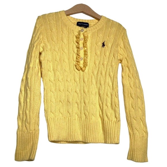 Ralph Lauren Size 7 Yellow Girls Cable Knit Sweater EUC Quarter Button Ruffle S - Picture 1 of 9